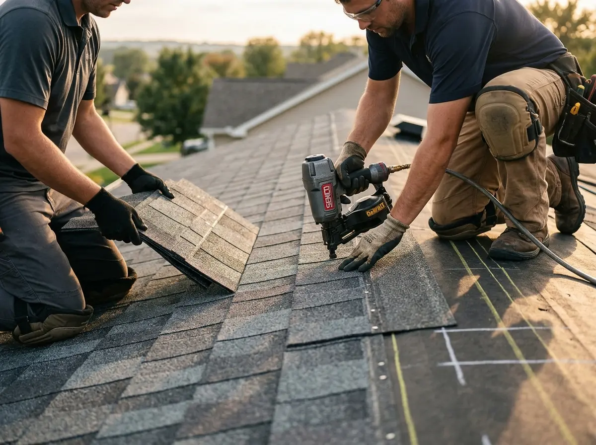 Professional roofer working on a residential roof in Santa Clarita